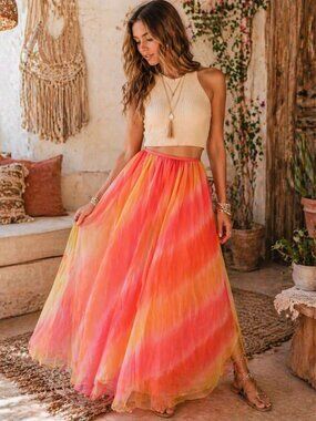 Vintage Linda Bernell Tulle Maxi Skirt Ombre Coral Orange Yellow Size 7